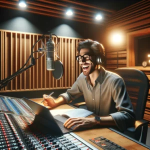 DALL·E 2024 06 05 18.21.59 A highly detailed hyper realistic image of a voice actor auditioning for an online job in a professional recording studio similar to the reference i